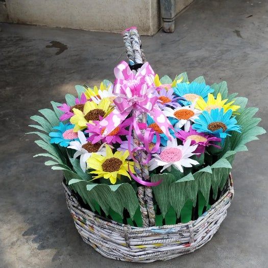 超详细纸艺花篮制作教程，用皱纹纸轻松DIY非洲菊花束-第74张图片-趣作屋