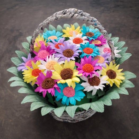 超详细纸艺花篮制作教程，用皱纹纸轻松DIY非洲菊花束-第72张图片-趣作屋